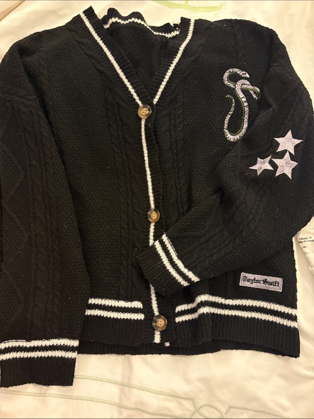 Taylor Swift Black Cardigan with White Trim and Embroidered Snake